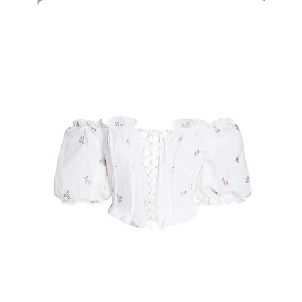 FOR LOVE & LEMONS Rainey Crop Top IVORY XS Eyelet Puff Sleeve Lace-Up - Picture 3 of 9